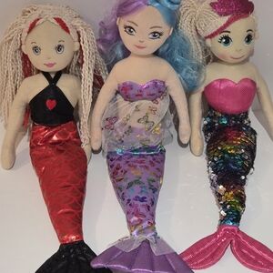 Plush Mermaid Doll Trio - Red, Purple & Multicolor Tails